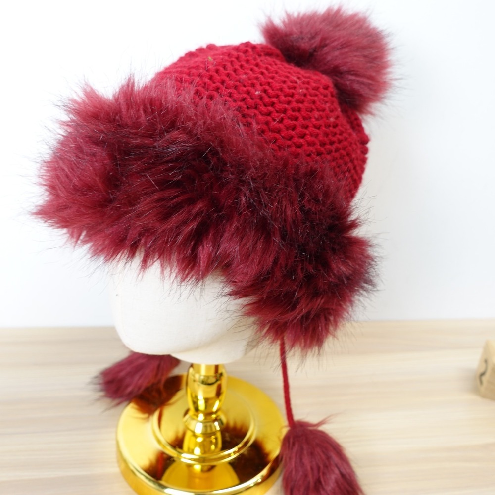 Red Pom Pom Beanie Hat Womens Burgundy Faux Fur Tassel Chunky Knit Fuzzy Winter